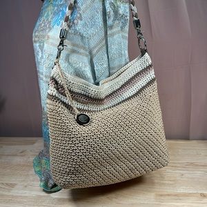 The Sak Indio Crochet Neutral Bag Woven Crossbody Silver Hardware Bag
